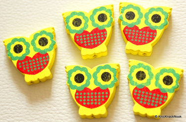 Yellow And Red Owl Wood Beads x 10